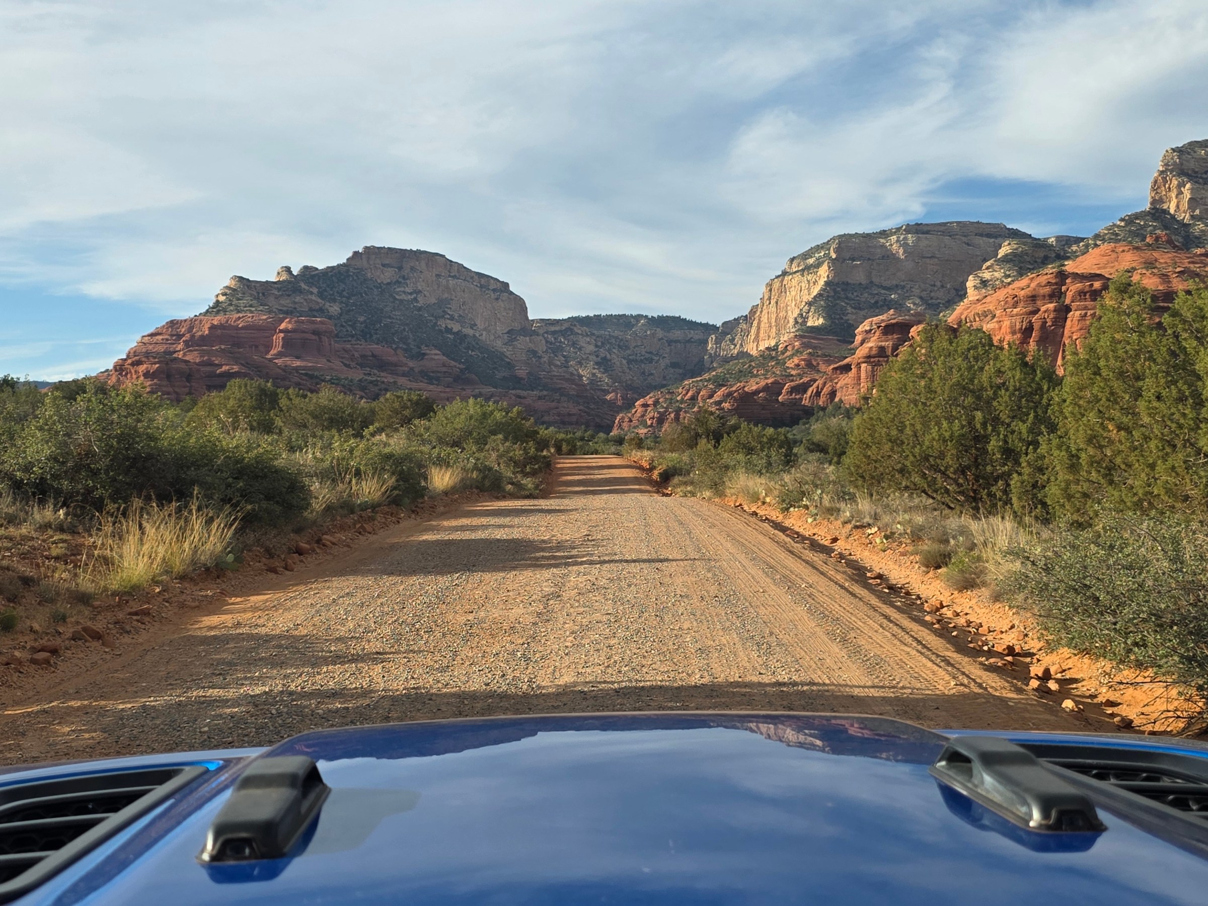 Dirt road through desert landscape with rocky cliffs and sparse vegetation.