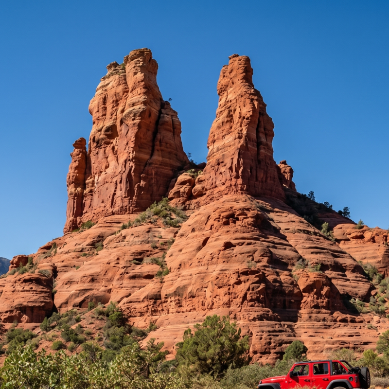 Red rock formations with two SUVs parked nearby under a clear blue sky.