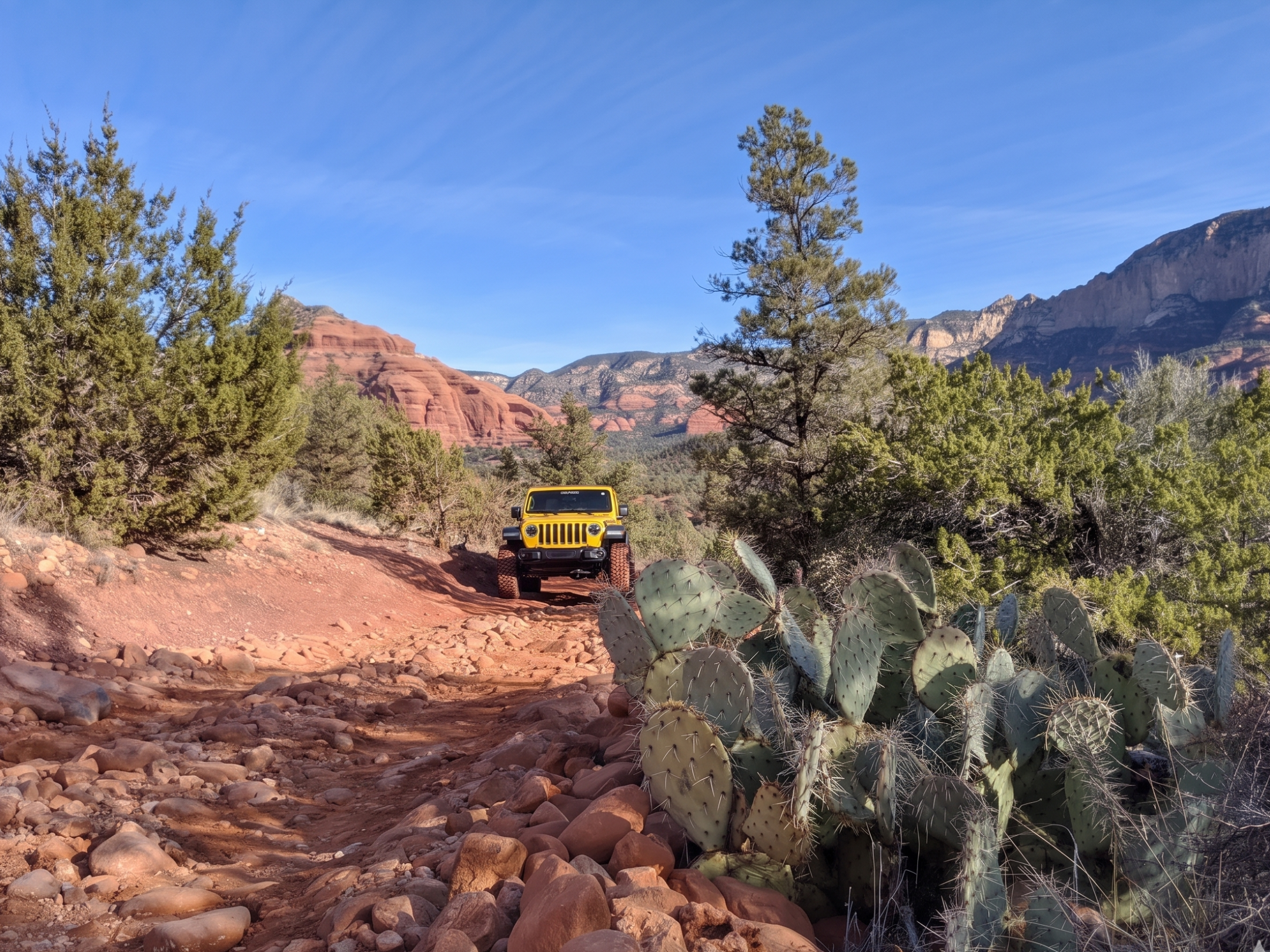 Yellow Jeep on a rocky trail with desert plants and red rock formations.