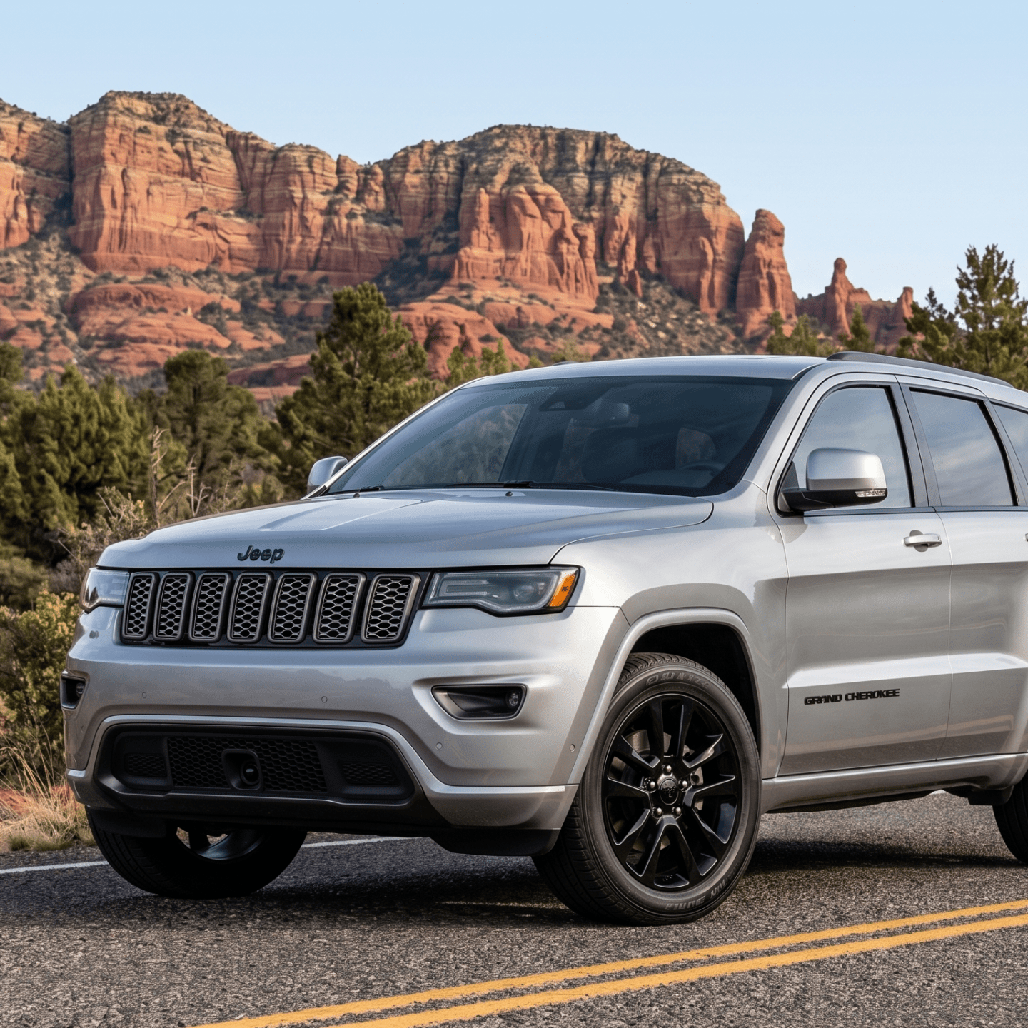 Silver SUV on road with rocky, desert landscape in background.