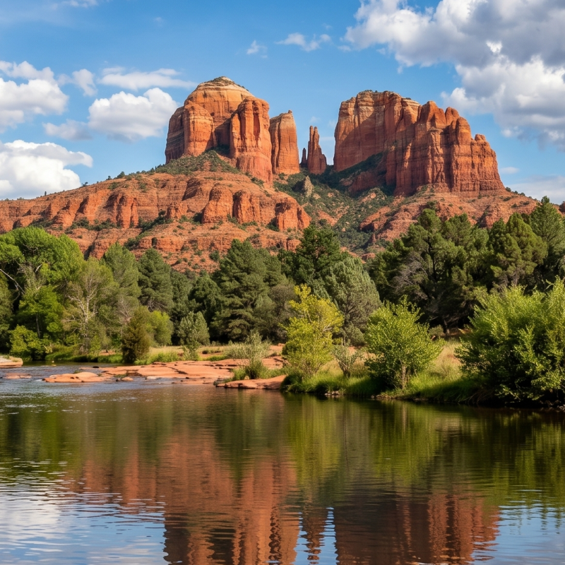 Scenic view of a river, trees, and red rock formations under a cloudy sky.