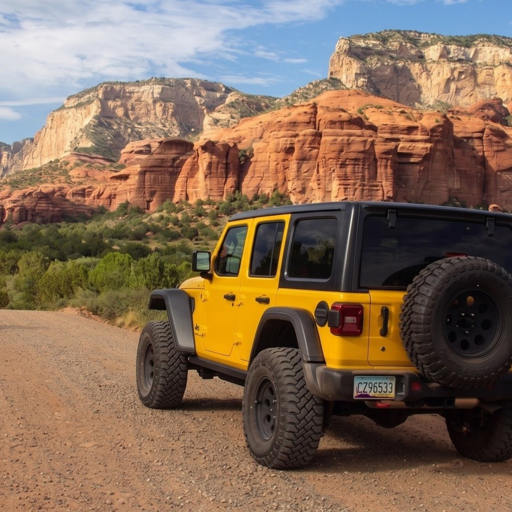 Yellow SUV on dirt road with red rock cliffs and blue sky background.