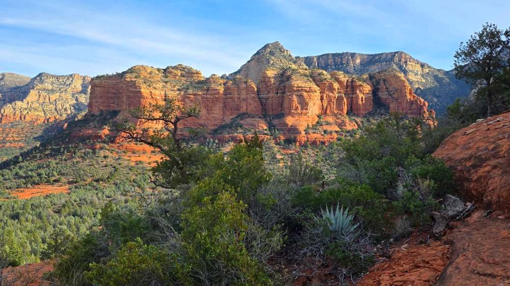 Landscape view of Sedona's red rock formations and greenery under a blue sky.