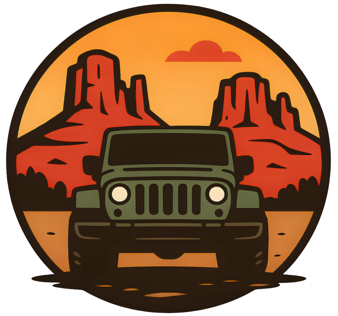 Cartoon jeep on desert road with red rock formations at sunset.