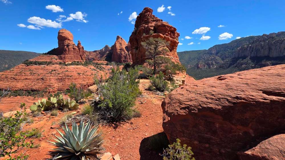Red rock formations under a blue sky with sparse vegetation in the foreground.
