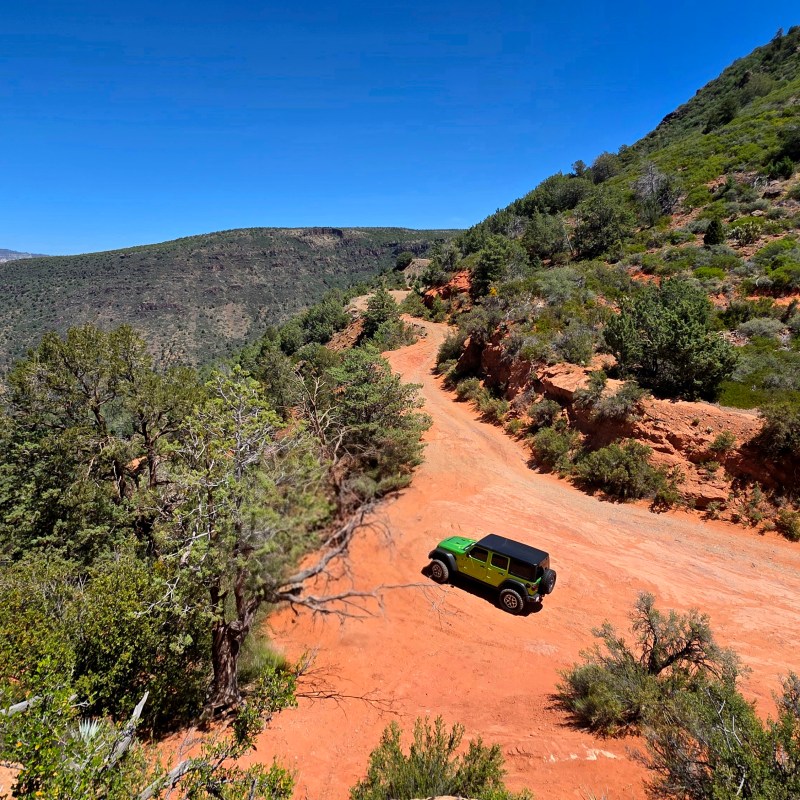 Green jeep on a dirt mountain road surrounded by trees and hills.