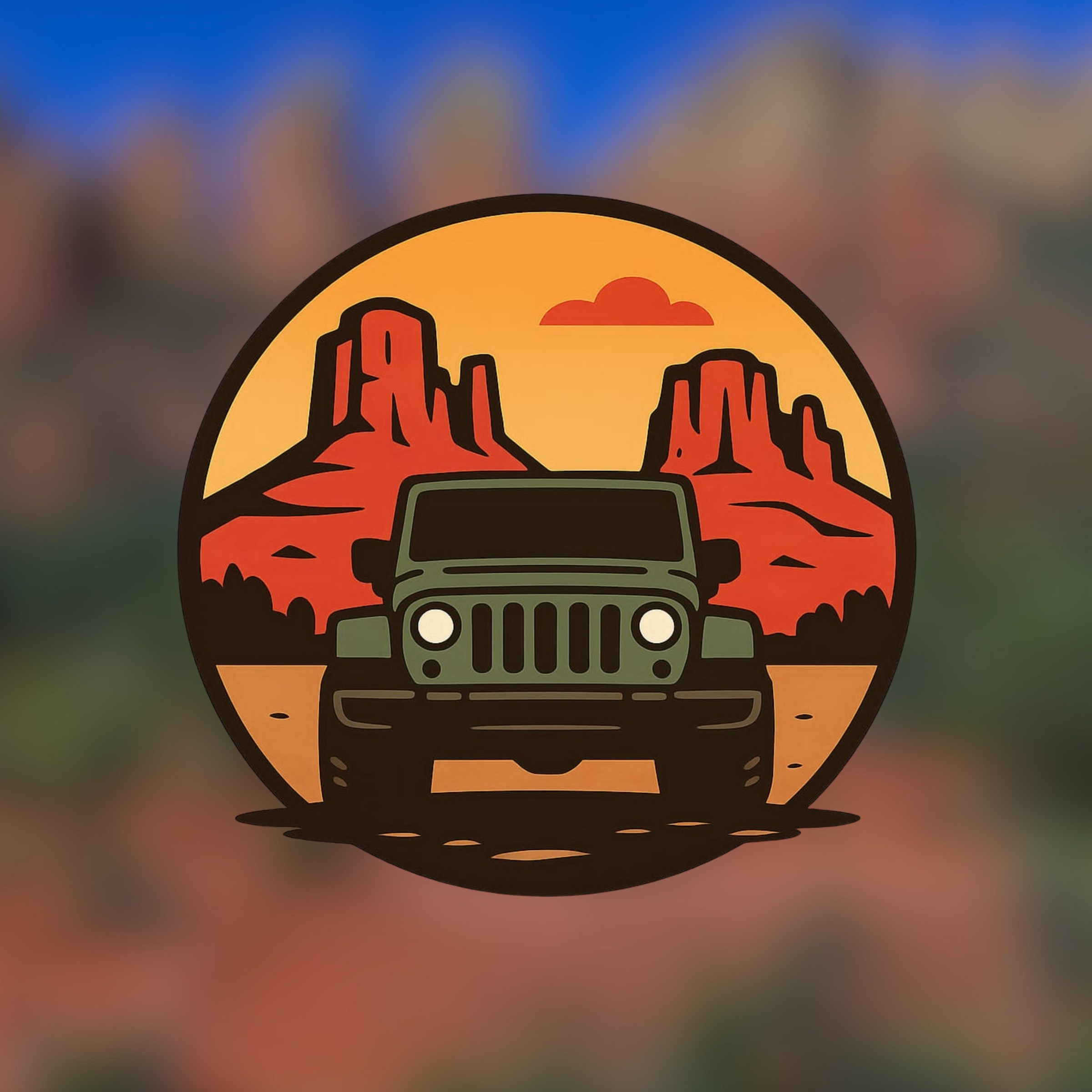 Illustration of a jeep with desert and mountains in the background.
