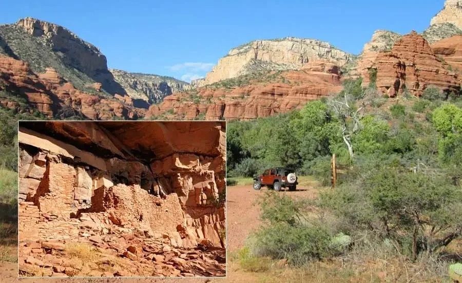 Desert landscape with red cliffs, greenery, a jeep, and an inset of ancient cliff dwellings.
