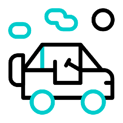 Cartoon car with clouds and sun in background.