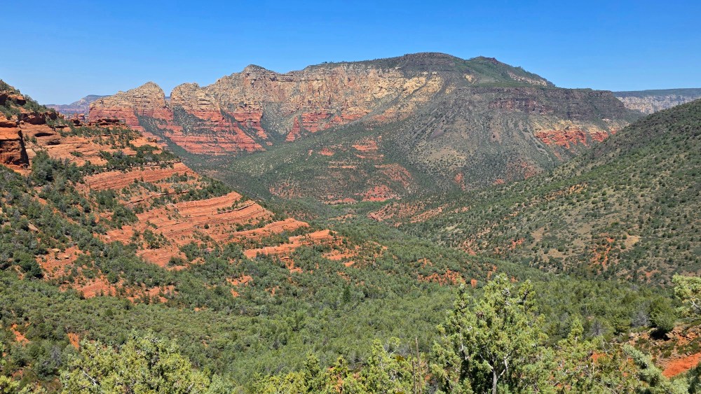 Scenic view of red rock canyons and green vegetation under a clear blue sky.